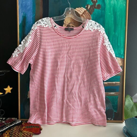 Classic Editions Tops - Classic Editions Chic Striped Red and White Tee with Lace Details L